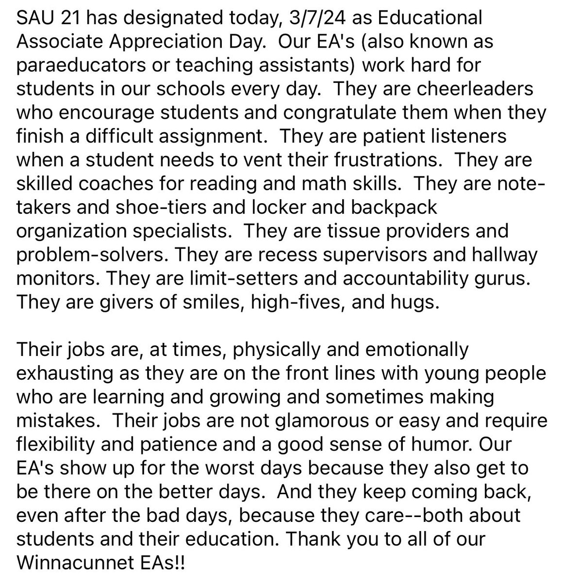 Winnacunnet's tweet photo. EA Appreciation Day!! https://t.co/ru6DFcIwV8