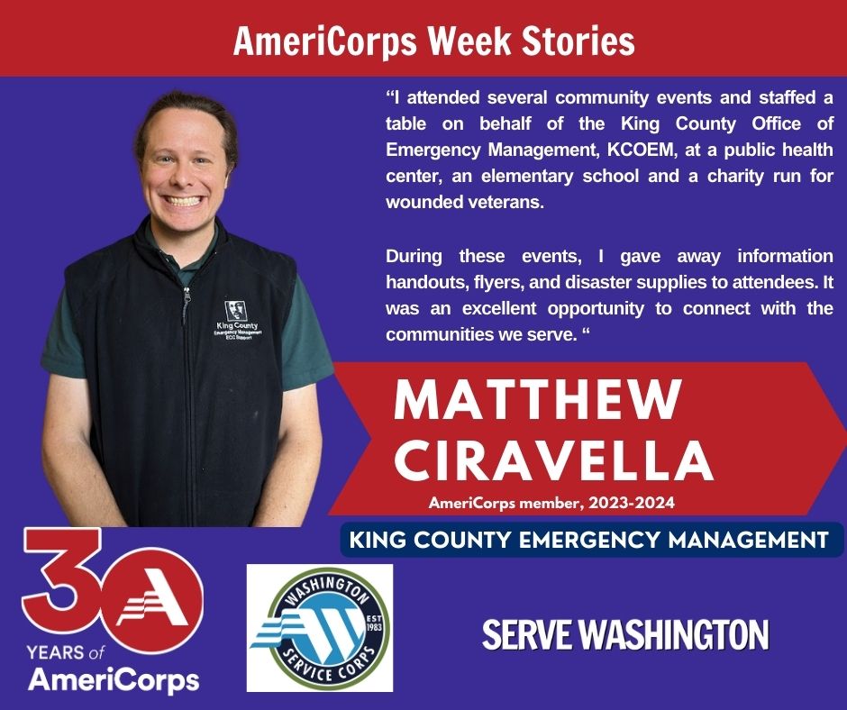 ServeWA's tweet photo. "During these events, I gave away information handouts, flyers, and disaster supplies to attendees. It was an excellent opportunity to connect with the people we serve." -Matthew Ciravella
Read more: https://t.co/qOvLQ9QzeP
@AmeriCorps #AmeriCorpsWeek #DisasterServices https://t.co/W3fQheuaBv