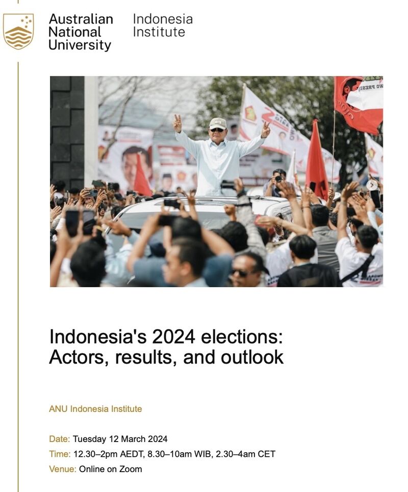 Join us next Tuesday for this online panel with @sdjaffrey @EdwardAspinall & Marcus Mietzner. We'll examine Indonesia's elections and the country's broader political trajectory. Register here: anu.zoom.us/meeting/regist…