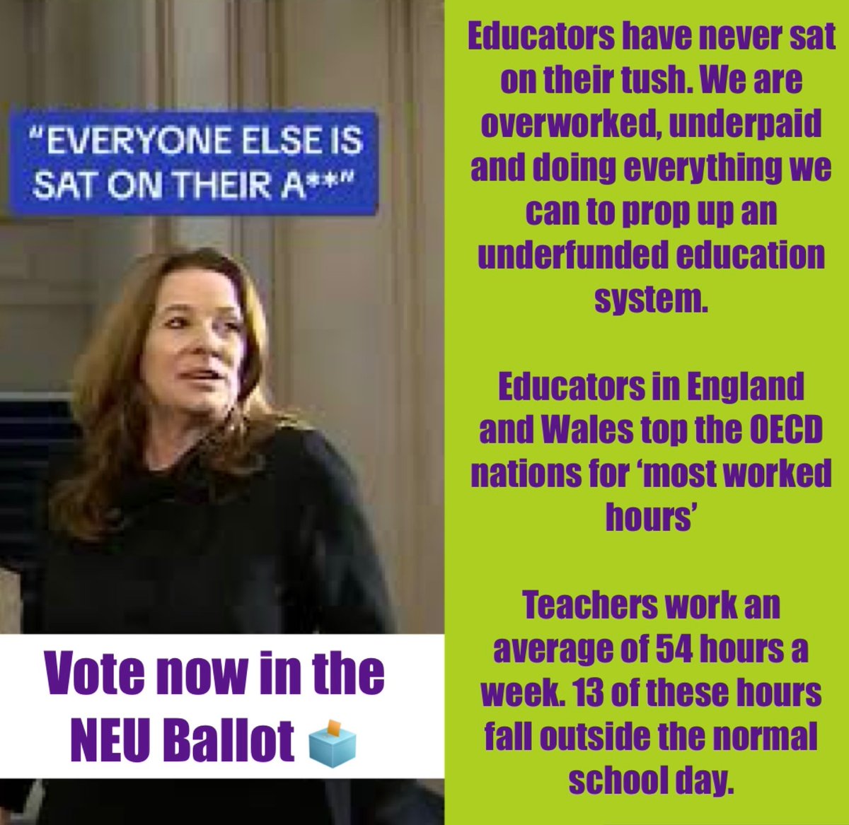 Gillian is so wrong on this one. Educators have never sat on their a**e. We give our life and soul to this job. The Secretary for education is: Deflecting Failing Not investing & Denying funding Self serving Poverty approving DELUSIONAL Vote YES in the NEU ballot 🗳️