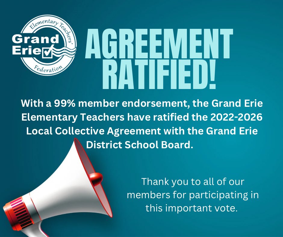 Grand Erie Elementary Teachers have ratified the 2022-2026 local collective agreement with a 99% positive endorsement. Congratulations to the bargaining team. Thanks to all stewards and members who made the vote historic! #etfo