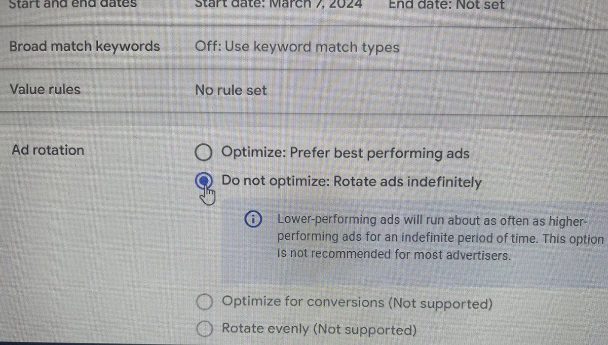 👀 Rotate ads indefinitely option is back? YAY for A/B Testing #ppcchat #googleads #paidsearch