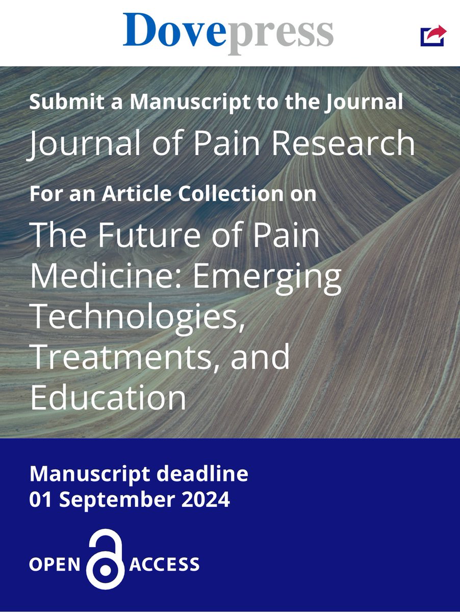 Special Issue Alert in Journal of Pain Research. Consider submitting work on:
- A.I.
- Virtual reality 
- Remote monitoring/cloud-based technologies
- Wearables
- Novel roles for neuromodulation: sensory, motor, or functional restoration
- Psychedelics
- Chronic pain education