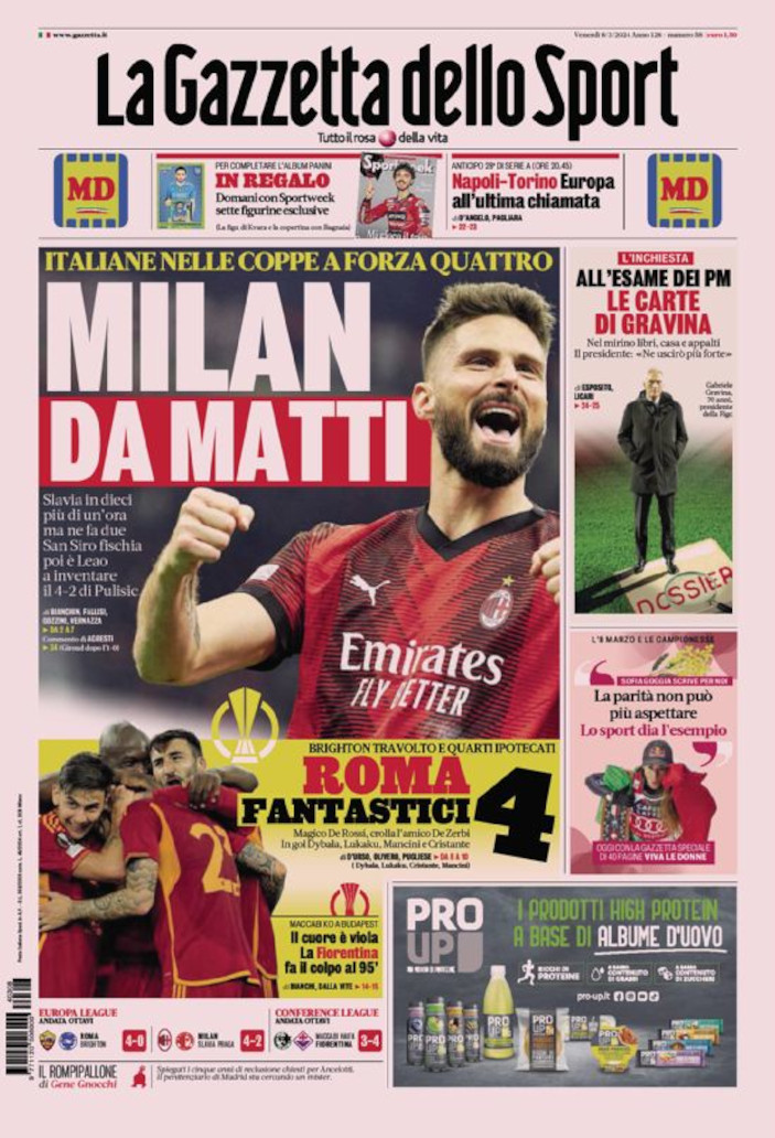 footballitalia's tweet photo. Friday's Italian #Calcio headlines in English https://t.co/jOaN9yqsbO #ACMilan #ASRoma #BHAFC #Fiorentina #Juventus #FCIM #Napoli #SerieA #SerieATIM #RomaBrighton #RomBha #MilanSlavia #UEL #UECL https://t.co/2FclRH78Iz