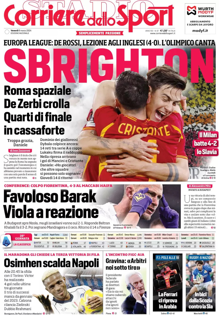 footballitalia's tweet photo. Friday's Italian #Calcio headlines in English https://t.co/jOaN9yqsbO #ACMilan #ASRoma #BHAFC #Fiorentina #Juventus #FCIM #Napoli #SerieA #SerieATIM #RomaBrighton #RomBha #MilanSlavia #UEL #UECL https://t.co/2FclRH78Iz