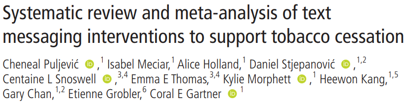 Our new systematic review and meta-analysis found that text messaging-based interventions are effective at promoting tobacco cessation. This was an enormous amount of work; so proud of our team @CREtobacco @UQ_CHSR and @NCYSUR doi.org/10.1136/tc-202…