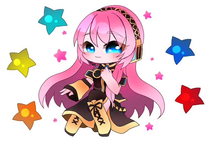月さんの、ちっちゃなルカさん!ピアプロキャラクターズカラーの星に囲まれてニッコリ楽しそうな姿がキュートだホー(*'艸`*)【】 #piapro #巡音ルカ 