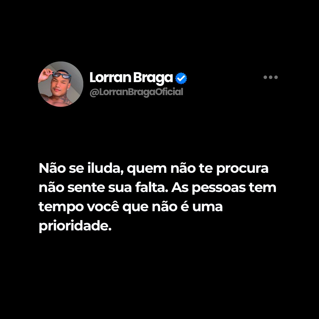 BragaLorran's tweet photo. 🔴Para de ficar fingindo demência, não existe falta de tempo! 
Você fica aí mentindo pra você mesmo, tentando segurar uma falsa realidade que você mesmo criou na sua cabeça, mas contra fatos a argumentos. 
Comece a enxergar as coisas como elas realmente são. https://t.co/sgfd9wZ0uA