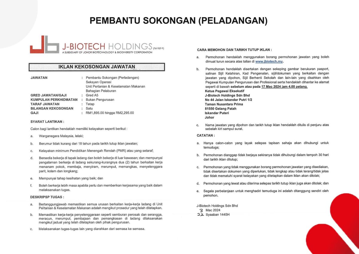 J_Biotech's tweet photo. Peluang Kerjaya di J-Biotech Holdings Sdn. Bhd. (Syarikat milik penuh Perbadanan Bioteknologi &amp; Biodiversiti Negeri Johor).

Tarikh tutup permohonan : 17 Mac 2024. Muat turun borang permohonan di https://t.co/hLBzdwsmNx

#jbiotech #jawatankosongjohor #kerjaladang #agriculture https://t.co/tcQjGpZocx