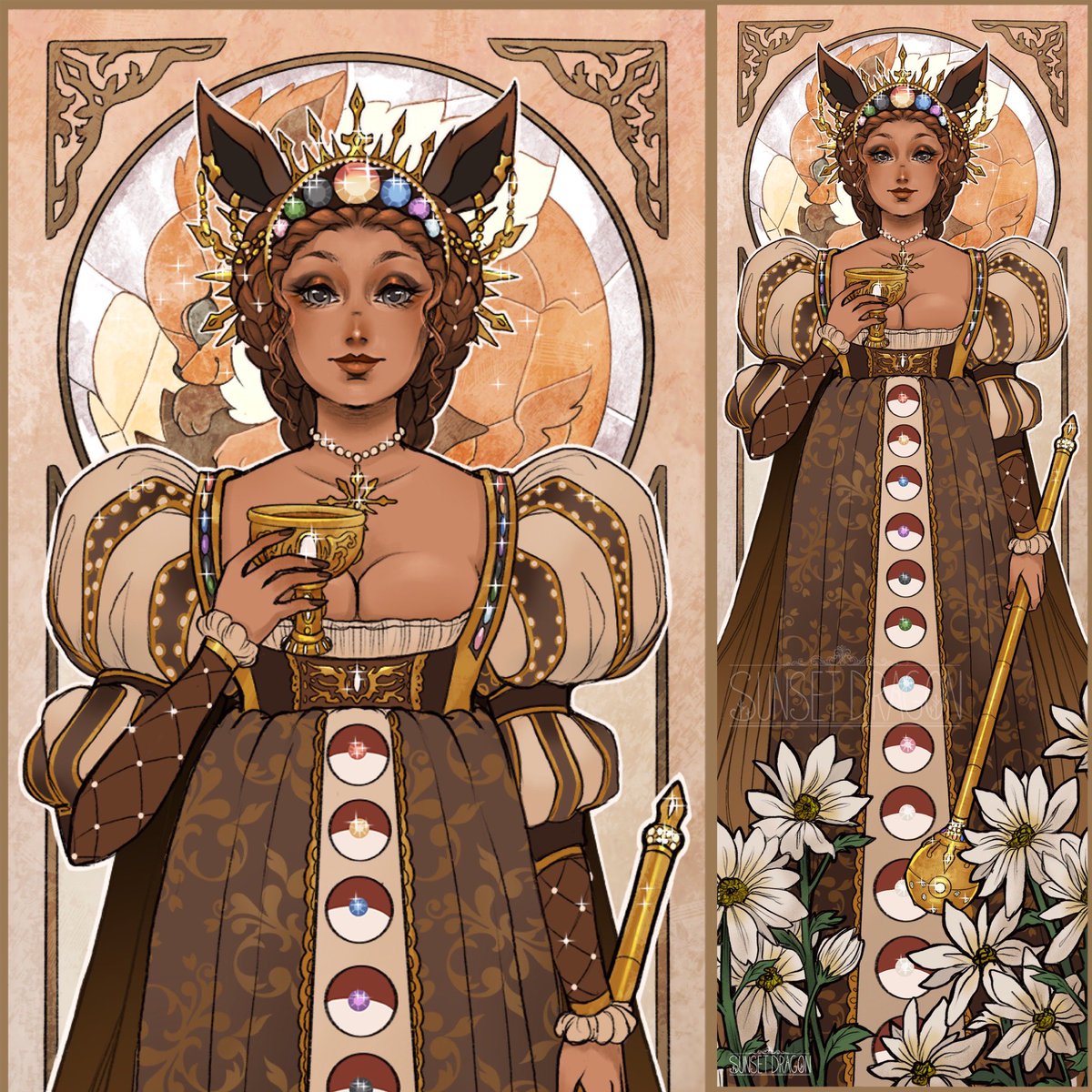 _SunsetDragon_'s tweet image. Eevee! First in a new series of eevees inspired by Italian Renaissance and Alphonse Mucha #eeveelution