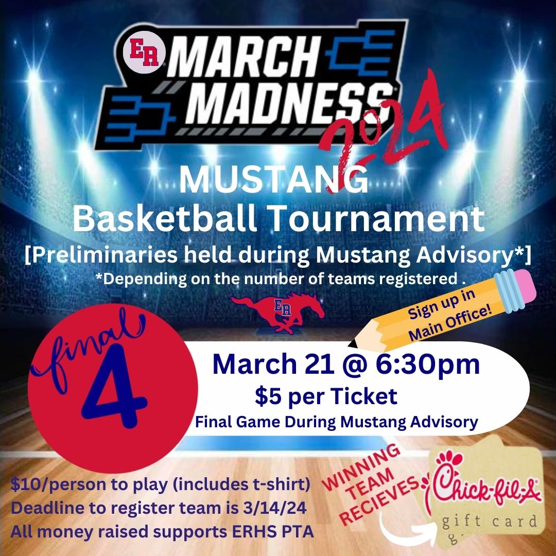 It is almost time for our annual Mustang March Madness! Mark your calendars and teams be sure to sign up. Monies raised go towards our PTA scholarships. #wEReast