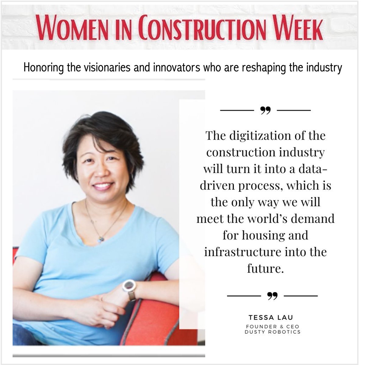 DustyRobotics's tweet image. In honor of Women in Construction Week, we celebrate our CEO, @tessalau, who has built a company and culture of innovation and excellence.
#WomenInConstructionWeek #WomenInConstruction #DustyRobotics