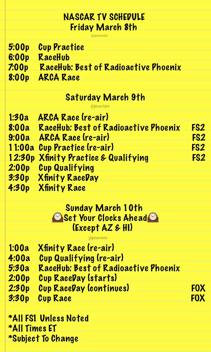 🚨TUNE IN: Racing in the desert this weekend @phoenixraceway. Trucks off. ARCA, Xfinity and Cup on the schedule. *Don’t forget the time change into Sunday. Enjoy. #NASCAR 🚗💨🏁🏆