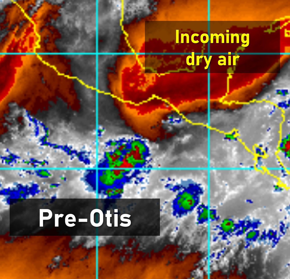 ATXHarrisonTran's tweet photo. The @NHC_Atlantic released their TCR on Hurricane #Otis. The day before Otis rapidly intensified, capped convection might've allowed Otis to build stout low-lvl vortex. W mid-lvl winds + evap cooling aloft + high SSTs later destabilized mid-lvls, enabling rapid convective growth https://t.co/iHLtUfFWbJ