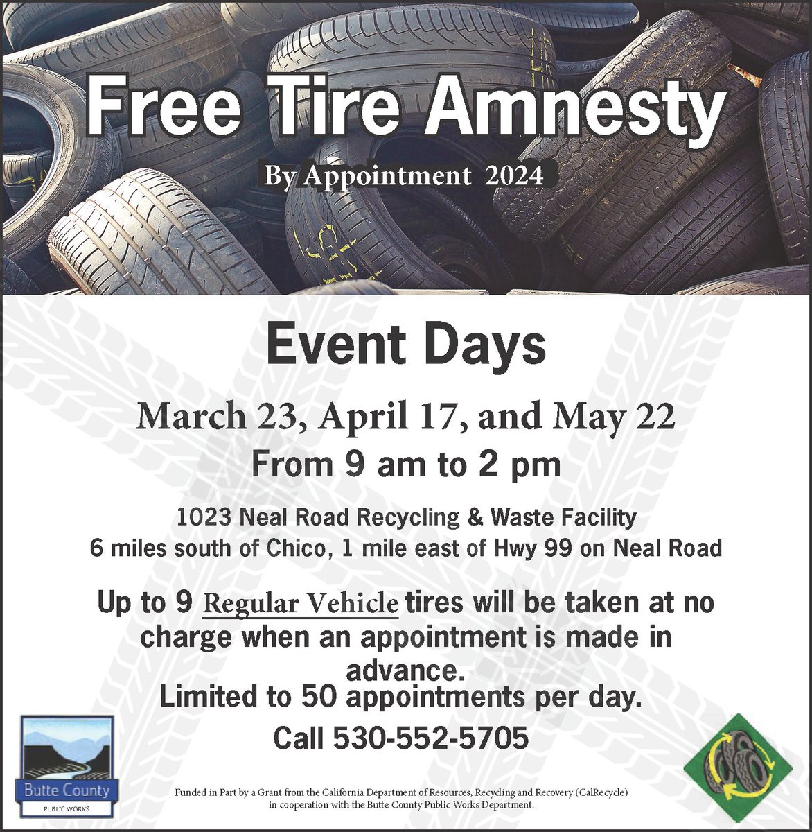 TIRE AMNESTY BY APPOINTMENT COMING TO THE NEAL ROAD RECYCLING AND WASTE FACILITY Read the press release here: buttecounty.net/DocumentCenter…