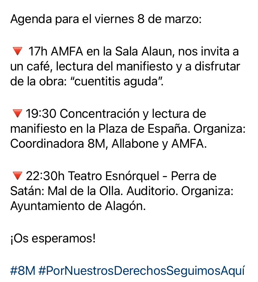 📢 El #8M calienta motores en Alagón con la pañolada morada 💜

Agenda para el viernes 8 de marzo en la segunda fotografía.

¡Os esperamos!

#8M #PorNuestrosDerechosSeguimosAquí