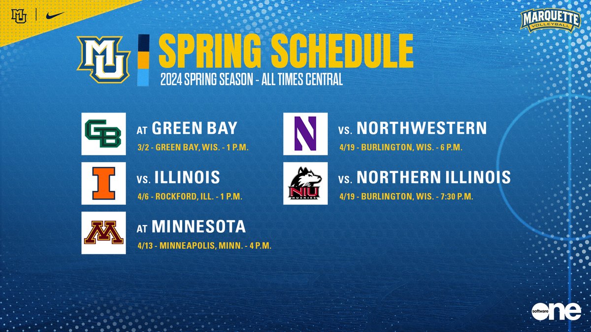 Slight update to the spring schedule on the times of the April 19 matches against Northwestern (6 p.m.) and NIU (7:30 p.m.) at Burlington High School. #WeAreMarquette MORE INFO 🔗 gomarquette.com/news/2024/2/16…
