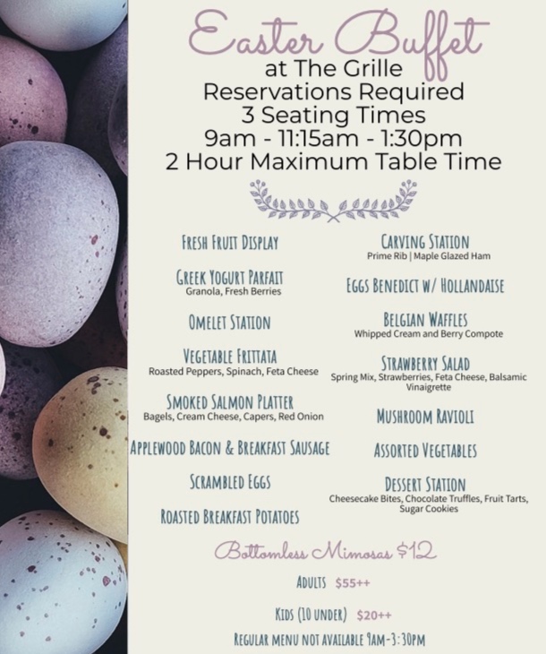 Join us at the Grille at Somersett for an Easter Brunch the whole family will love on Sunday, March 31st. We will have three seatings at 9am, 11:15am and 1:30pm. Reservations are required. Place yours now at 775-787-1800 ext. 3 or online at OpenTable.