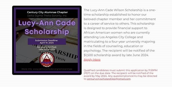 🌟 Exciting Scholarship Alert! 🎓 African American women at LACC, don't miss out on the Lucy Ann Cade-Wilson Scholarship offered by Delta Sigma Theta Sorority Inc. Get $1500 towards your education in counseling, education, or psychology. Apply by April 19, 2024.