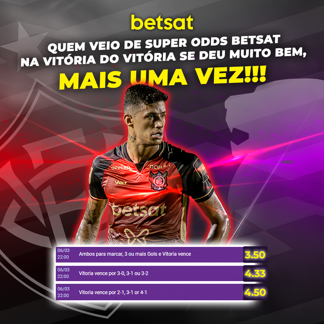 BetsatBrasil's tweet image. Mais um dia no Barradão, mais uma VITÓRIA DO VITÓRIA! 🔴⚫
Mais um dia na Betsat, mais 3 SUPER ODDS batidas na VITÓRIA DO VITÓRIA! ✨
O Leão vem, e a Betsat VEM JUNTO! 🟣
Tá esperando o que pra vir com a Betsat e o Leão?!?! VEM! 🦁 
#Betsat #PegaLeão #SuperOdds