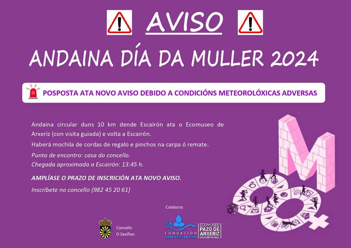 AVISO IMPORTANTE!!! 

Debido ás inclemencias meteorolóxicas queda adiada a andaina do #DíadaMuller.