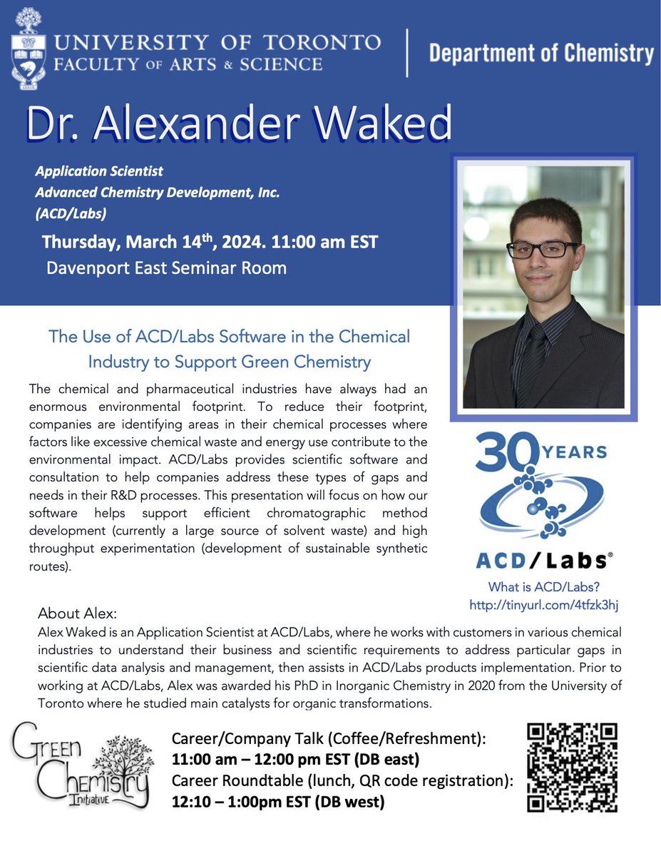 Join us Thursday, March 14th for the third seminar in our series, featuring Dr. Alexander Waked from ACD/Labs Inc.! Dr. Alexander Waked will discuss efficient chromatographic method development, and the development  of  sustainable synthetic routes. (1/2)
