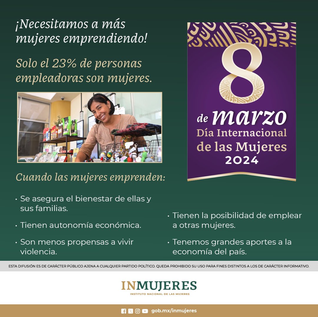 mujeresgobmx's tweet photo. ¡Las mujeres lideran la revolución emprendedora en México! Mientras más de ellas se incluyen al mercado productivo, más crece nuestra economía y el empleo.  ¡Apoyemos el talento emprendedor de las mujeres y celebremos su contribución al desarrollo económico y social de México! https://t.co/guyCwVxOrG