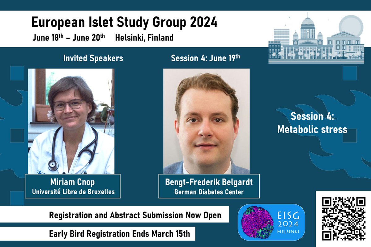 Thrilled to welcome Miriam Cnop and Bengt-Frederik Belgardt to present on #EISG24_Helsinki session 4: 'Metabolic stress' 😰 Join us on the peaceful Helsinki archipielago 🏝️ for the global Islet Biology event of the year. Hurry up to register 🏃🏃‍♂️🏃‍♀️, limited seats available !