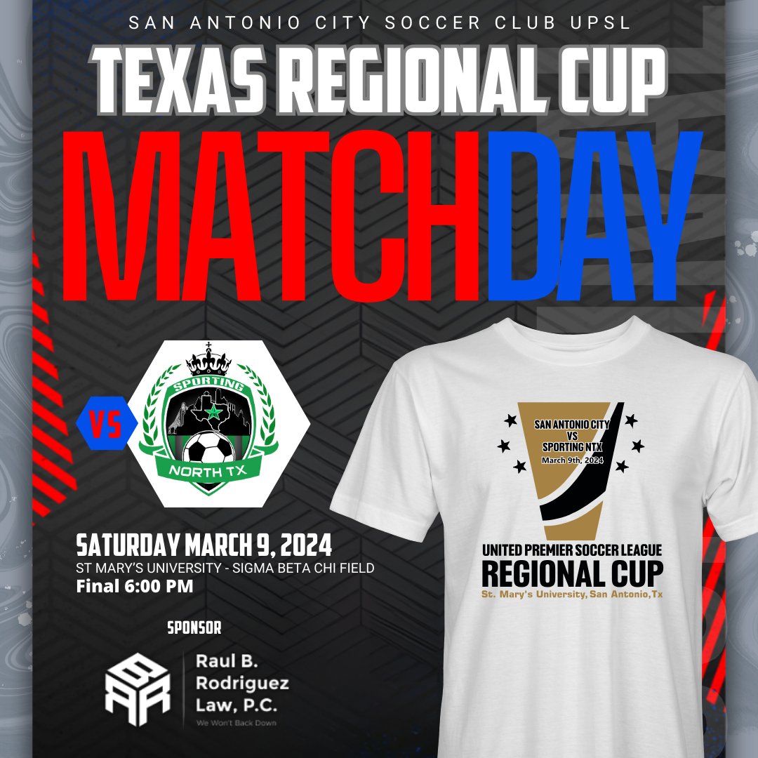 Don't miss the Texas Regional Cup Finals showdown! Join us at ST Mary’s University - Sigma Beta Chi Field this Saturday, March 9th, 6 PM. Get your exclusive Final shirt while supplies last! Let's rally together and propel our UPSL team to victory! 🏆⚽ #Protect210 #UPSL