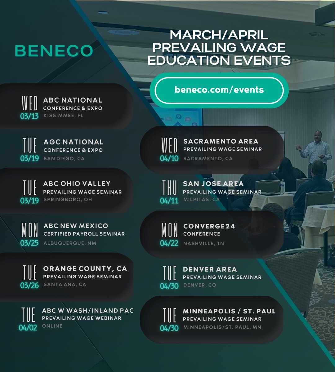 Looking to learn more on providing your team with #employeebenefits powered by #prevailingwage dollars? Beneco offers live #events where you can get answers to many of your questions. Check our website to find an event presented by our great team members. beneco.com/events/