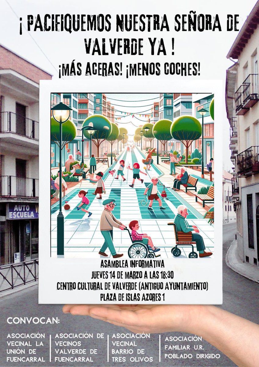 El jueves 14 de marzo tendremos una asamblea abierta de vecinas y vecinos para exigir al <a href="/JMDFuencarral/">Distrito de Fuencarral-El Pardo</a> una solución integral para tener un Barrio más amable con las personas, ¡que todas y todos podamos transitar por Nuestra Señora de Valverde sin jugarnos el tipo!