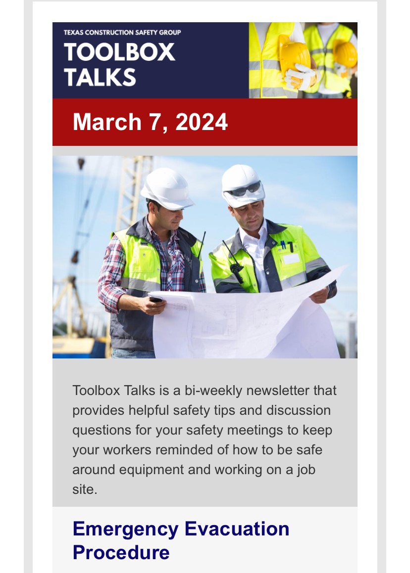 TexconAssn's tweet image. Does YOUR COMPANY have an Emergency Evacuation Procedure for your Workers??
Today&apos;s TOOLBOX TALKS tells ya what you need to KNOW!
#ToolBoxTalks