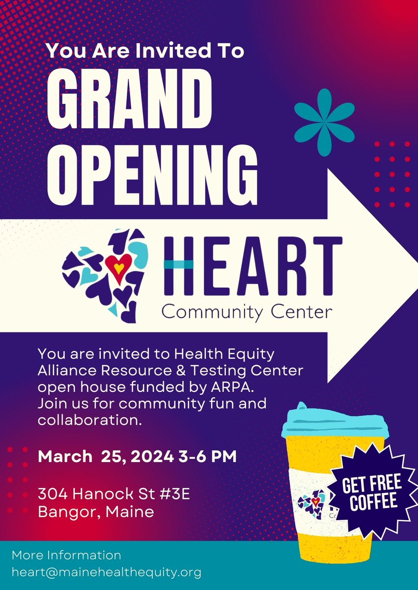 Maine Health Equity Alliance (HEAL) is excited to be opening a resource center for people experiencing houselessness in Bangor. The center, called HEART, is located at 304 Hancock St., Suite 3E and you are invited to the open house on March 25th from 3-5 pm.