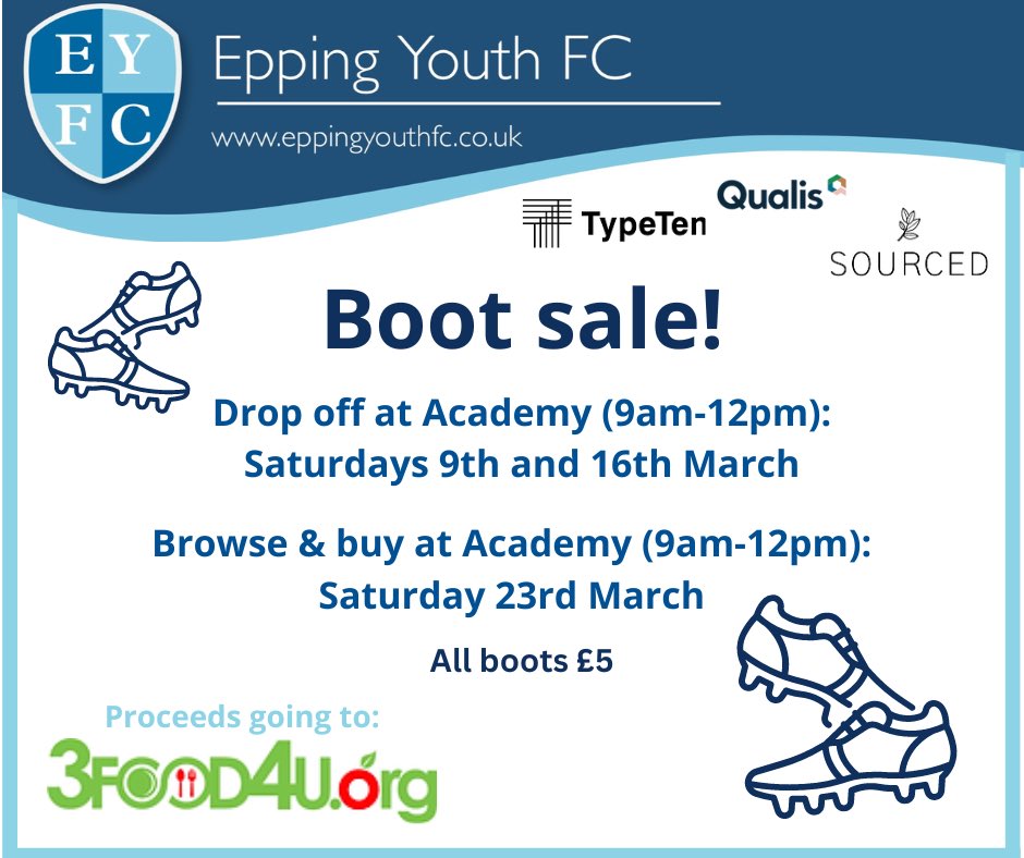 Do you have wearable football boots that no longer fit your child? Does your child need new football boots at this point in the season? We are holding a Boot Sale!  Pls drop off your clean wearable boots at Academy on either Saturday 9th/16th March. You can then browse…1/2