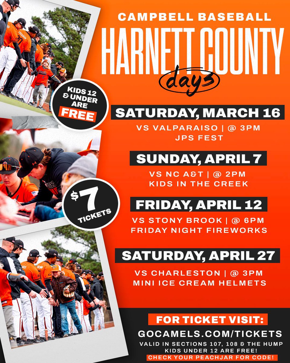 Harnett County Days @ JPS! 🙌 ALL Harnett County students, staff, & family can get discounted tickets on @GoCamelsBSB Harnett County Days (3/16, 4/7, 4/12, & 4/27)! Check your PeachJar account for code ➡️ gocamels.com/tickets #FightAsONE