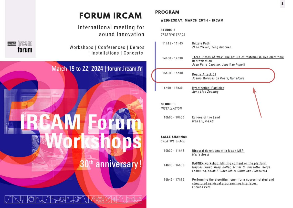 Dia 20 de Março no <a href="/ircamforum/">Ircam Forum</a> Forum IRCAM 2024 apresentaremos eu e <a href="/Marimoura5/">Mari Moura</a> a arte performance:

Poetry Attack 01
forum.ircam.fr/article/detail…

Mais info:
forum.ircam.fr/article/detail…

#ForumIrcam30ans