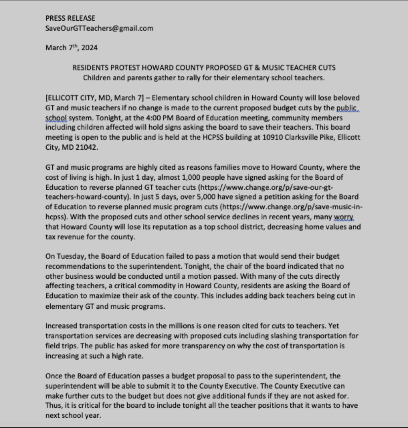 Please consider attending tonight’s HCPSS board meeting that starts at 4. Lots of cuts on the table.   Details re: location and background l in the below press release highlighting just a couple of the cuts.