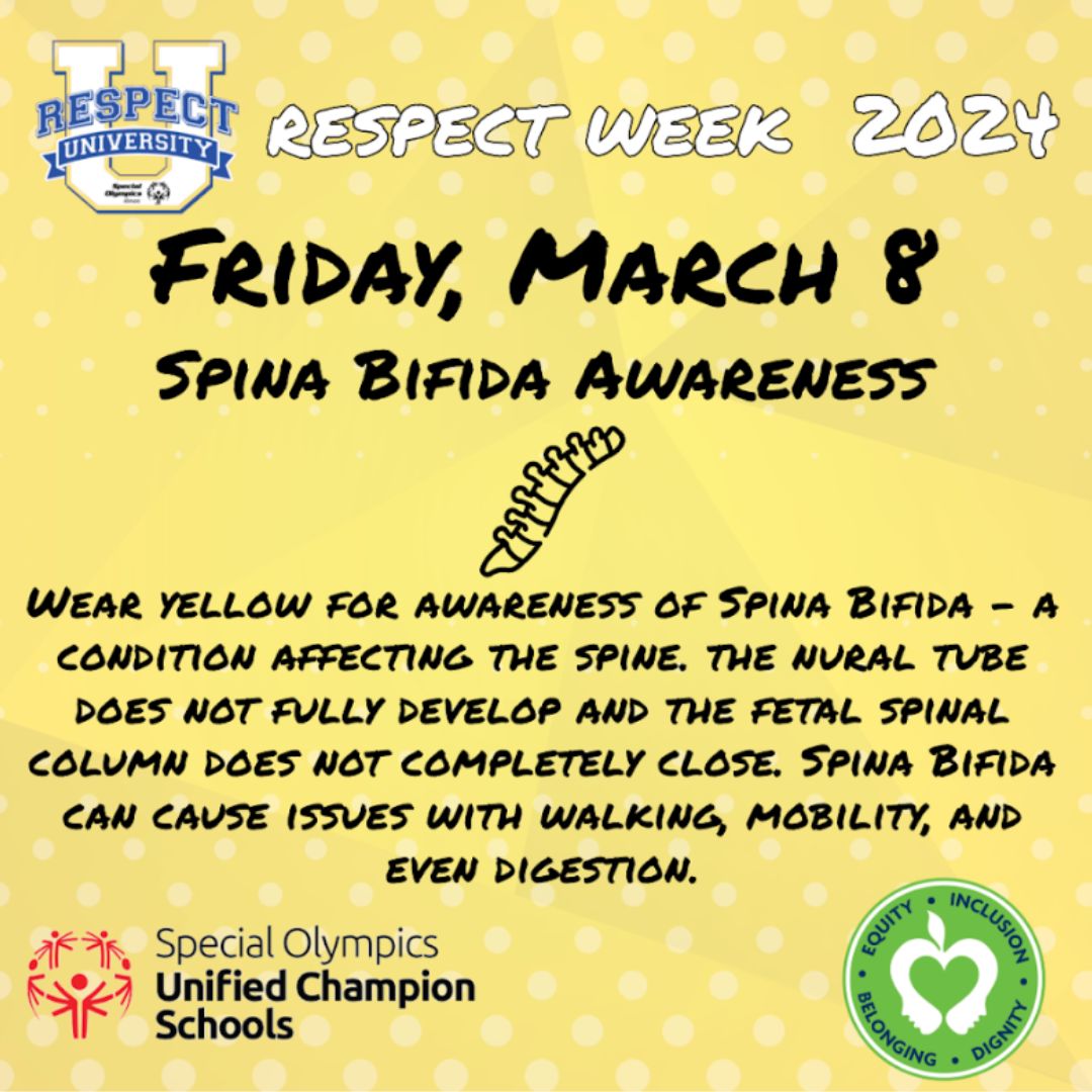 CampiCougars's tweet photo. Today is the last day of Respect Week, and we are wearing yellow for Spina Bifida awareness. Spina Bifida is a condition affecting the spine and is usually apparent at birth. This can cause issues with walking, mobility, and even digestion.
#RespectWeek2024 #movingmountains https://t.co/eBaljAYfMH