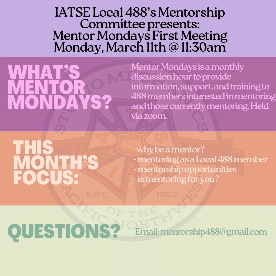 The 488 Mentorship Committee invites you to join the first Mentor Monday on March 11, 2024 at 11:30am PST. This is the first of a monthly discussion hour to provide support for both mentors and mentees. Reach out to mentorship488@gmail.com for the Zoom link!