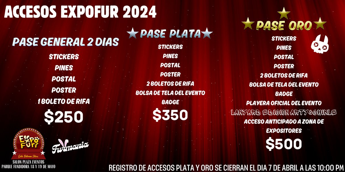 expofur's tweet image. El registro para asistir a la Expofur 2024 sigue en marcha, el registro de pases plata y oro cierra el 7 de abril a las 10:00 PM.
Adquiere tu pase aquí:
Pase General: forms.gle/tSbumaTH2YTCXw…
Pase Plata: forms.gle/zE6YDSPfRNwPAp…
Pase Oro: forms.gle/DTk9FM3YJbutVt…