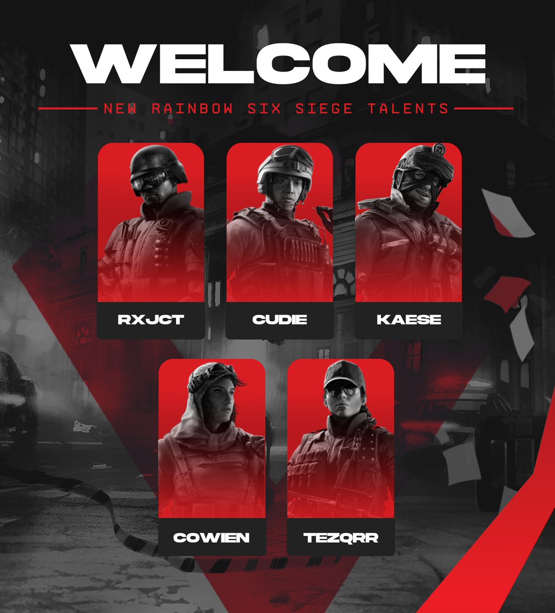Introducing our R6 talents team, Excited to have you on board!

Welcome👊

🔻- <a href="/RXJCT_R6S/">RXJCT</a> 🇳🇱
🔻- <a href="/CudieR6/">Cudie</a> 🇸🇪
🔻- <a href="/R6Kaese/">Kaese</a> 🇩🇪
🔻- <a href="/sn1pp7/">Cowien</a> 🇨🇿 
🔻- <a href="/TezqrrR6/">Tezqrr</a> 🏴󠁧󠁢󠁥󠁮󠁧󠁿

#WeAreValid❤️