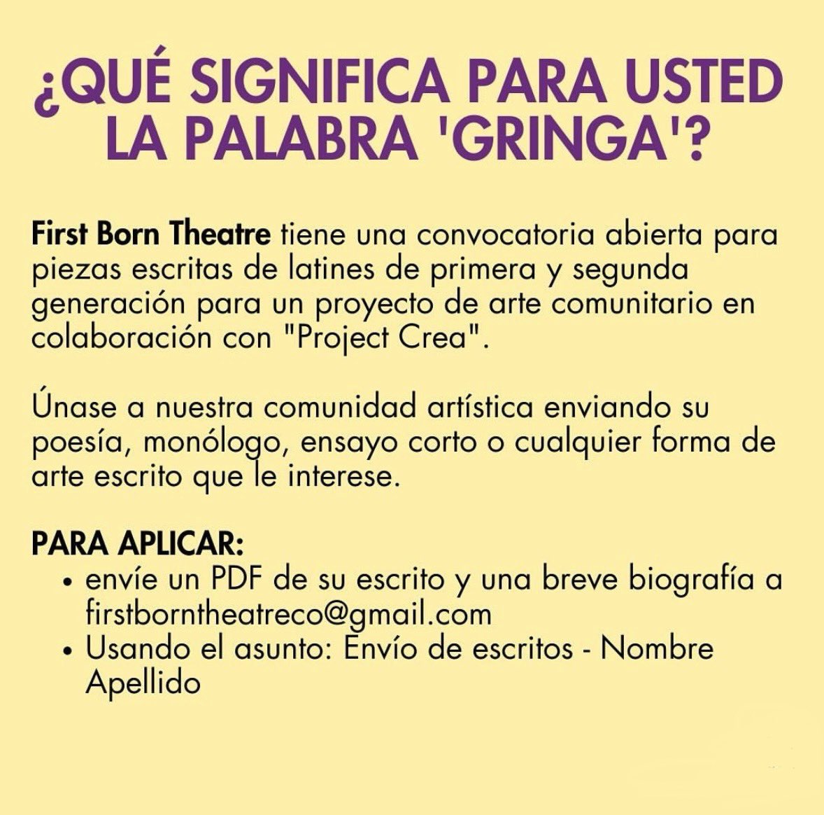 Attention Latinx Artists 📣 Firstborn Theatre is seeking writing submissions for their upcoming project by March 19. Find more information on how to submit in the slides!