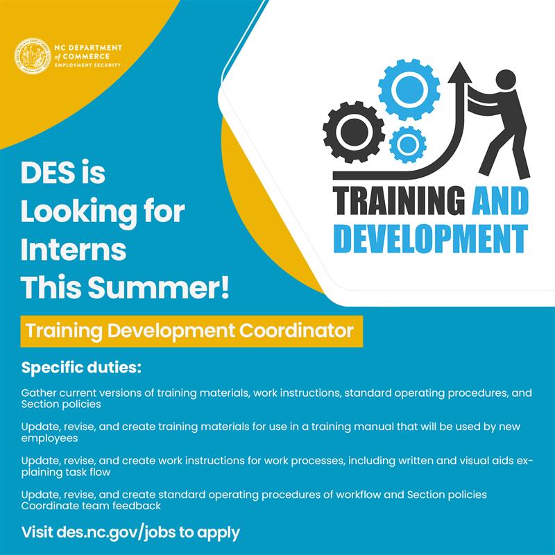 NCDES's tweet image. #SummerIntern Alert! We're looking for a #TrainingDevelopment Coordinator #Intern for our Appeals Unit. Dive into creating a key training guide and shape the future of our processes. Perfect for detail-oriented students. Apply by March 8! des.nc.gov/jobs #NC #college