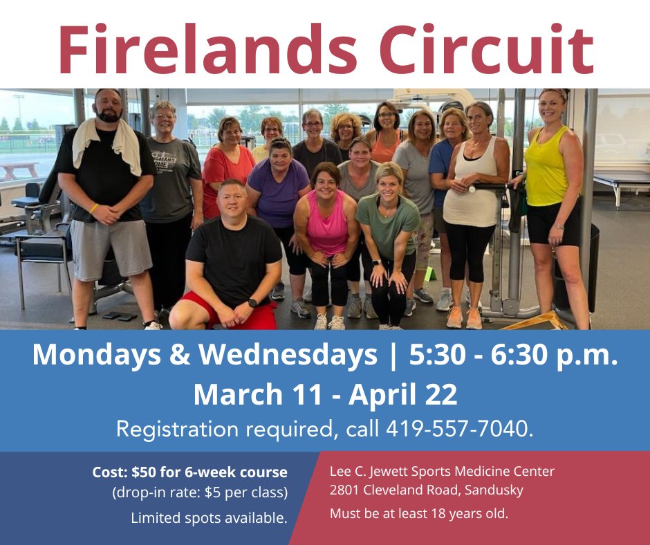 Are you ready to make a positive change to your health? Can you complete the 45 exercise challenge? Get a total body workout and never get bored! Drop in rate is $5, but spaces fill up quick! Register for the full 6-week course by calling 419-557-7040