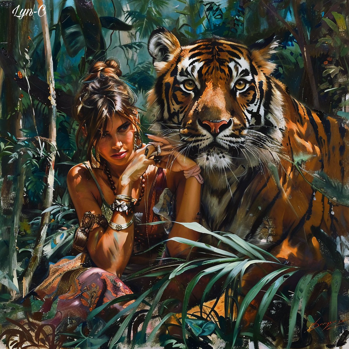 In the jungle's embrace, under canopy's gleam,
A wild-hearted maiden and a tiger, a dream.
Side by side in silent pact, nature's grace they bear,
In a world untamed, a duo rare.

Image by Lyn-C

#JungleWhisper #WildAndFree #NatureBond #TigerCompanion #ArtisticHarmony #Numerikart