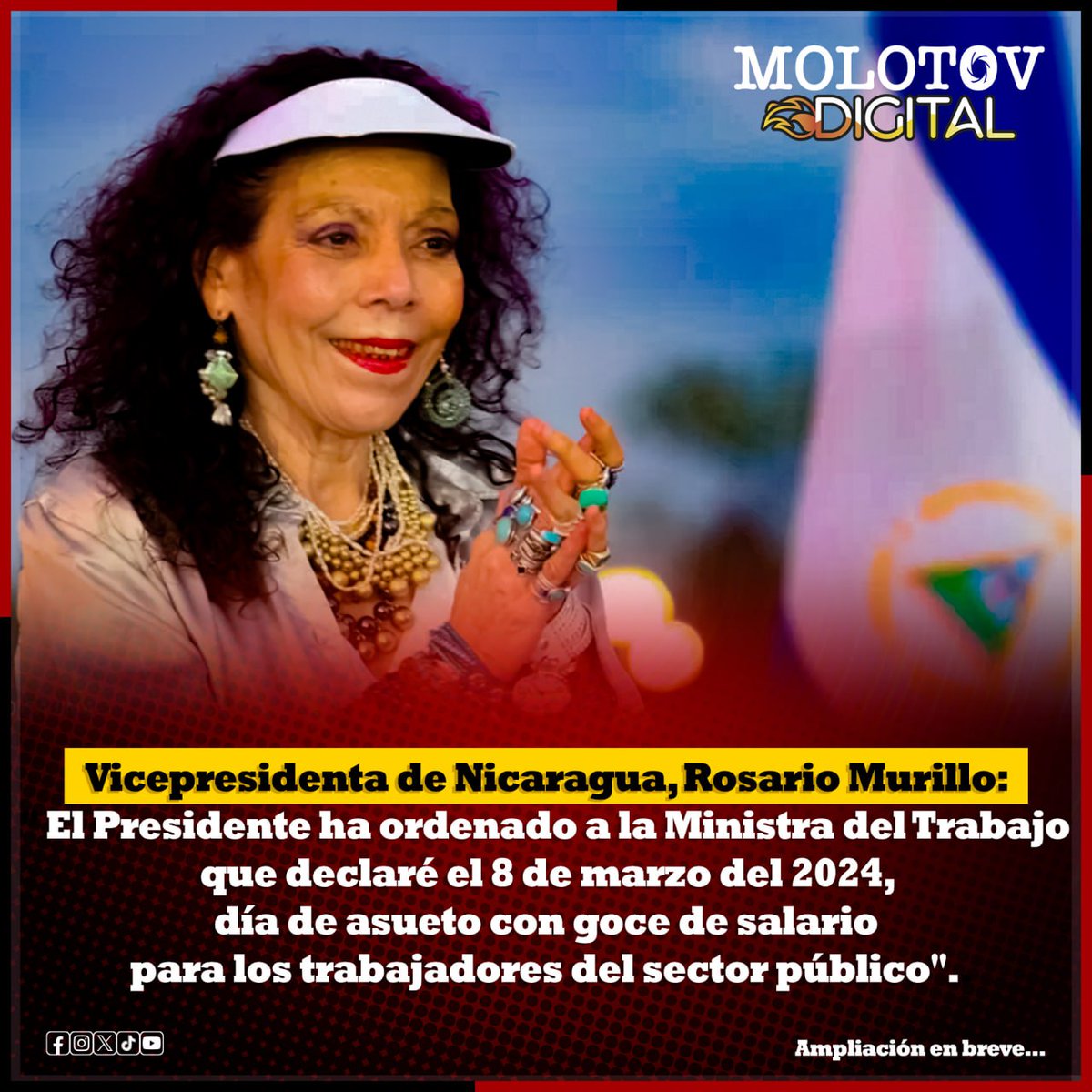 #LOULTIMO  Vicepresidenta de #Nicaragua Rosario Murillo: " El Presidente ha ordenado a la Ministra del Trabajo que declare el 8 de marzo del 2024, día de asueto con goce de salario para los trabajadores del sector público".

#4519LapatriaLaRevolución 🔴⚫️ 🇳🇮
<a href="/Politicanica_/">Soy Humana 😎 Mayte Silva 💓</a>