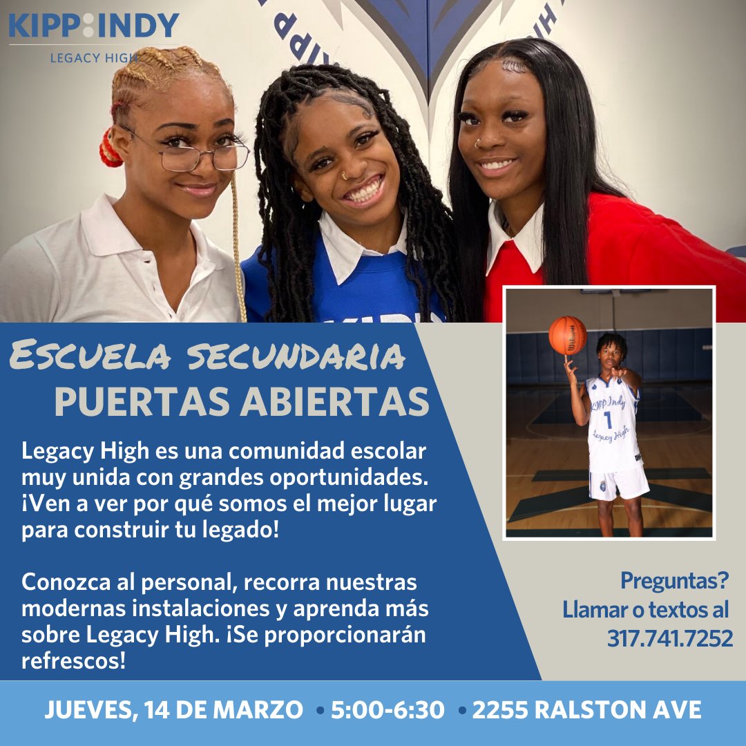 Come see why KIPP is the best place to build your Legacy! Join us Thursday, March 14th for our High School Open House. You can take a tour, meet Legacy High staff, and get help with your Enroll Indy application! Refreshments will be served. Text 317-741-7252 to RSVP.