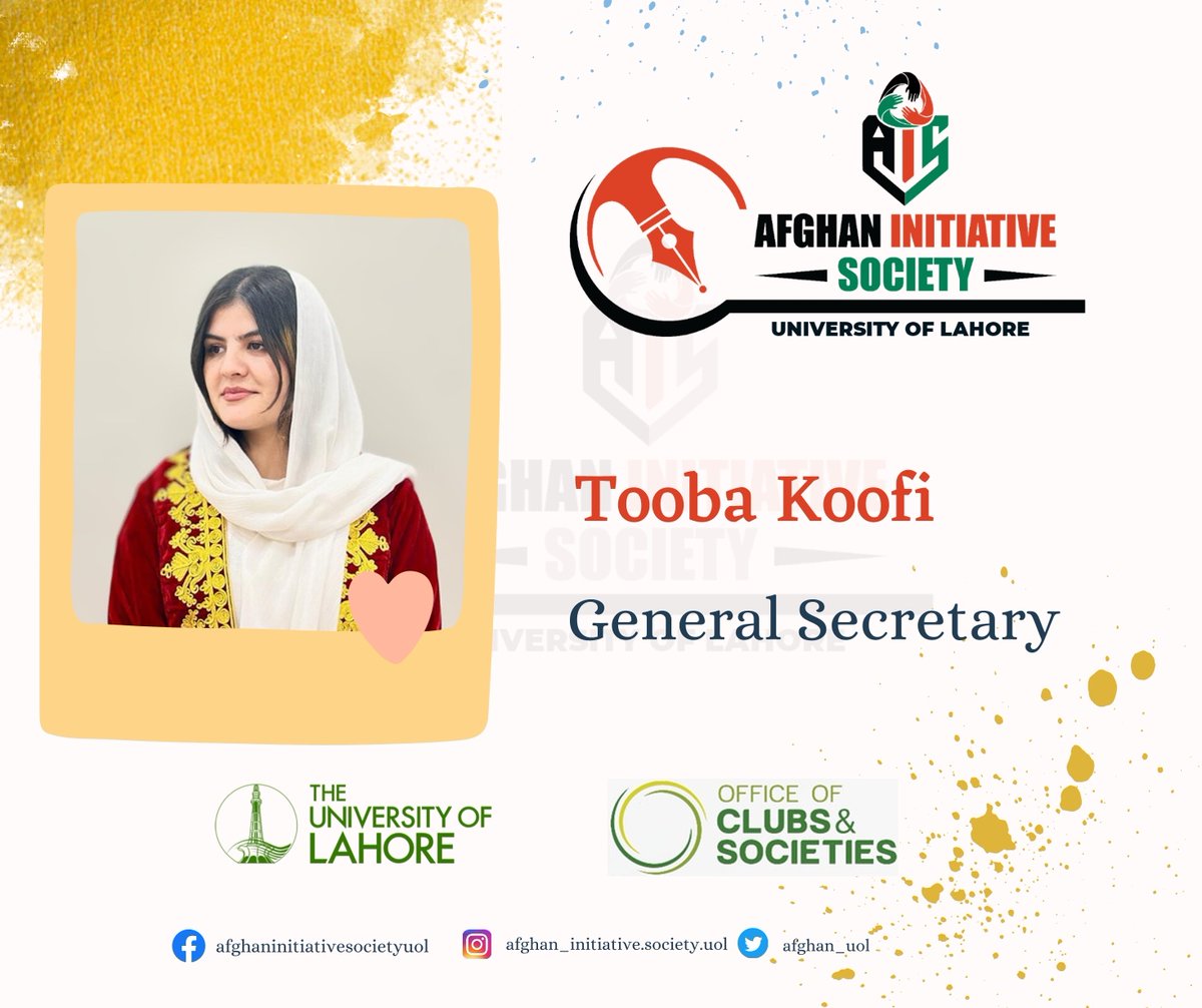 afghan_uol's tweet photo. We are pleased to announce Tooba Koofi as the new General Secretary of Afghan Initiative Society UOL! Tooba is a seventh semester student of International Relations and Politics at the School of Integrated Social Sciences (SISS). https://t.co/2P6qqFHesv