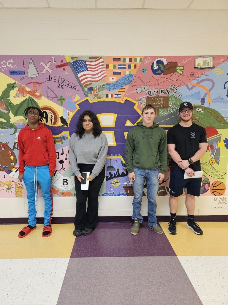 Congratulations to our Students of the Month for February! From left to right is: Diovanni Thomas (9th), Ailin Garcia-Moreno (10th), Tanner Whitley (11th), and Colin Wheeler (12th).  You all are amazing roll models - keep up the fantastic work! 
#piratesonboard