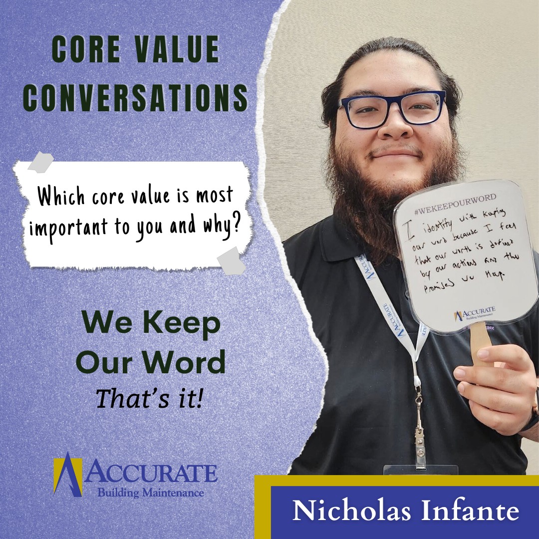🌟On this #ThoughtfulThursday, Nicholas Infante lives out #WeKeepOurWord, saying, 'Our worth is defined by our actions and promises we keep.' Well said, sir! 

How did you keep your word at work this week? Share! #CoreValues #TeamAccurate #WhatsYourWhy